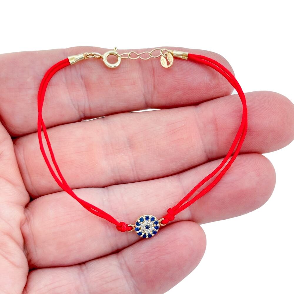 Vintage Gold-Tone Sterling Silver Crystal Evil Eye Red Cord Bracelet 6.5"-6.75"